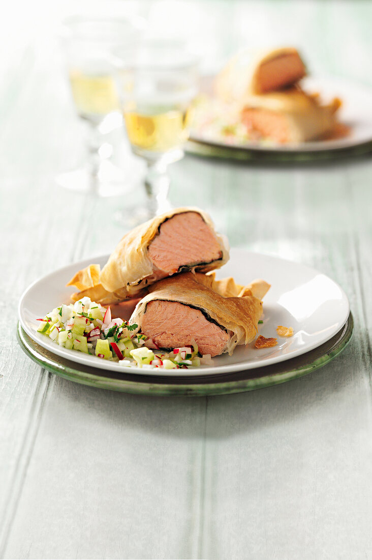 Ginger salmon in filo pastry on plate