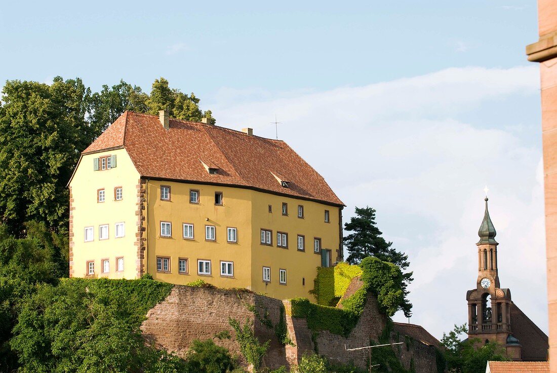 View of Mahlberg castle in Black Forest with church in background, Germany