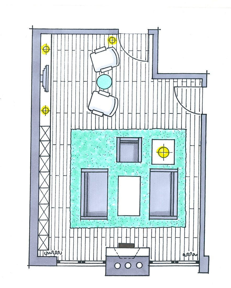 Wohnzimmer, Platzierung des Sofas in der Mitte, Raumaufteilung, Zeichnung