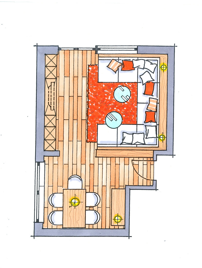 Wohnzimmer, Platzierung des Sofas in Nische, Raumaufeilung, Zeichnung