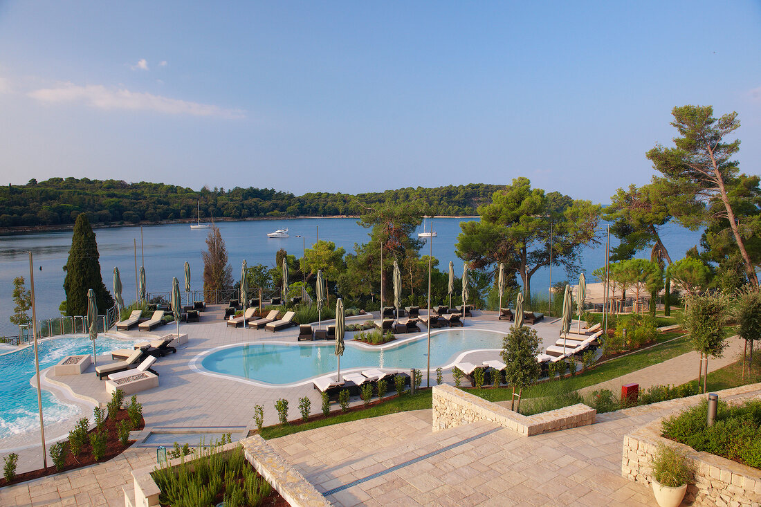 Elevated view of pool area of the Hotel Monte Mulini in Rovinj, Istria, Croatia