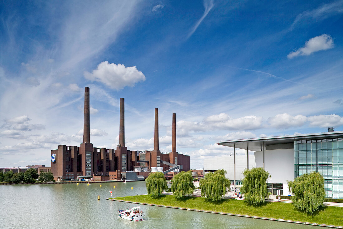 View of old power plant and modern pavilions at Autostadt, Wolfsburg, Germany