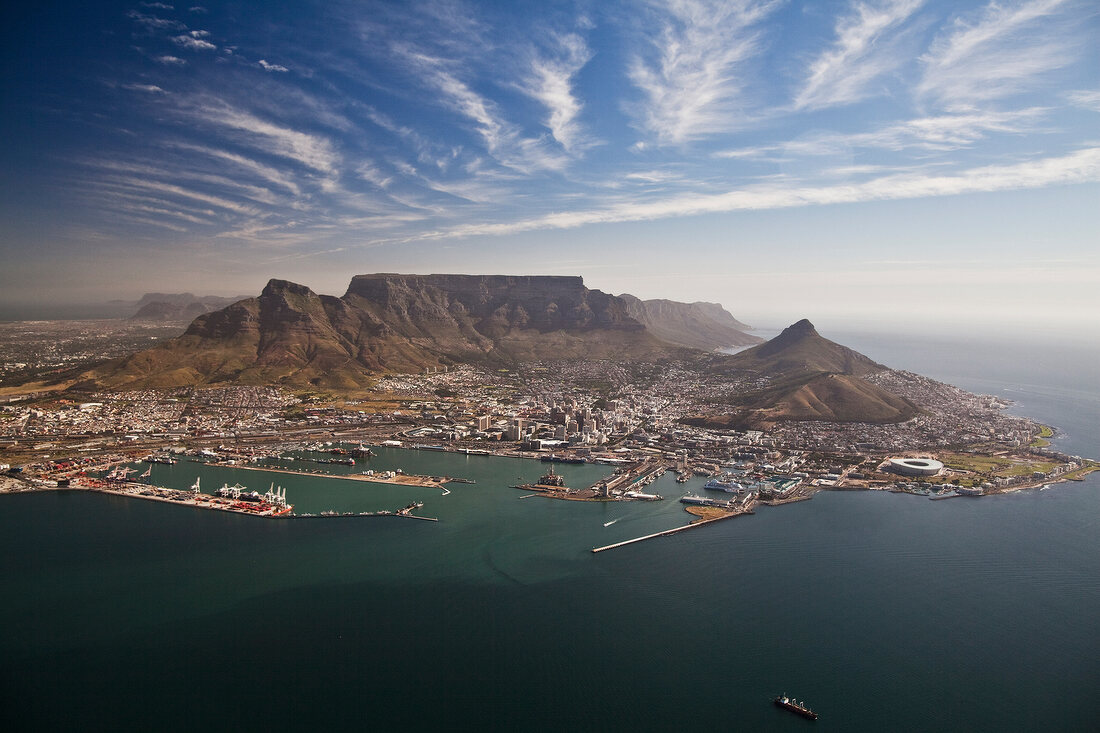 View of Cape Town with Table Mountain and Cape Town Stadium