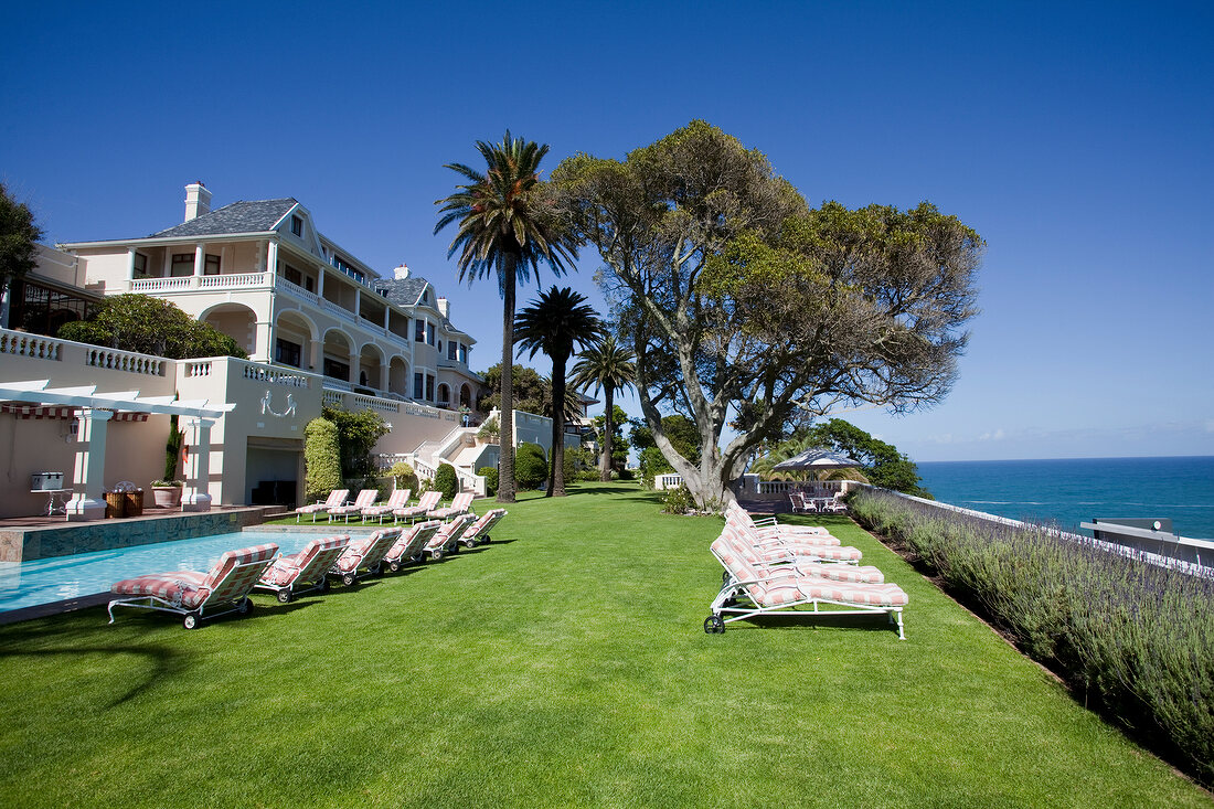 View of Luxury Hotel Ellerman House with garden and pool, Cape Town, South Africa