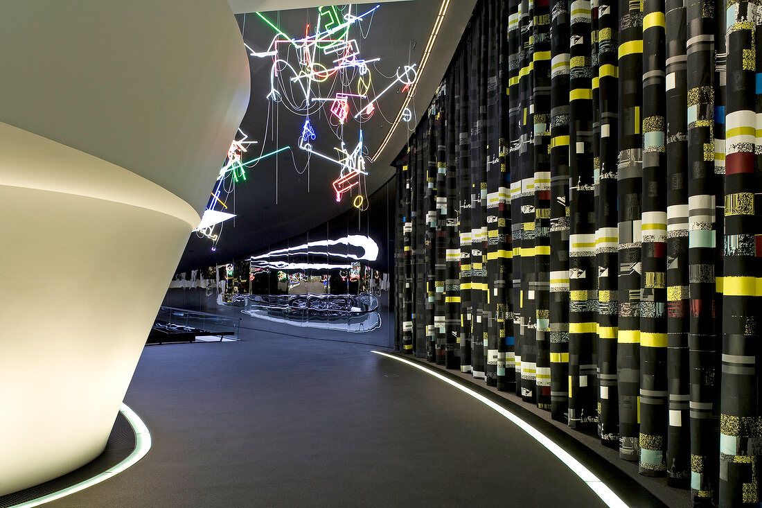 Premium Clubhouse decorated with neon tubes, Autostadt Wolfsburg, Germany