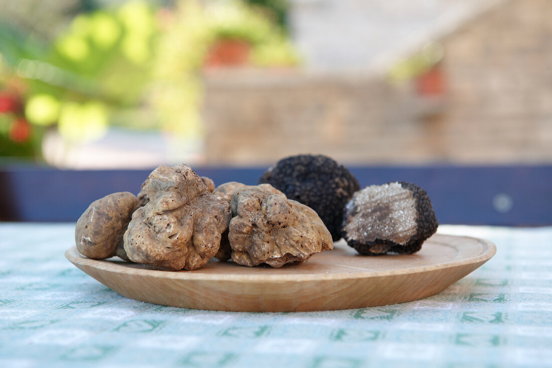 Brown and black truffles on wooden plate