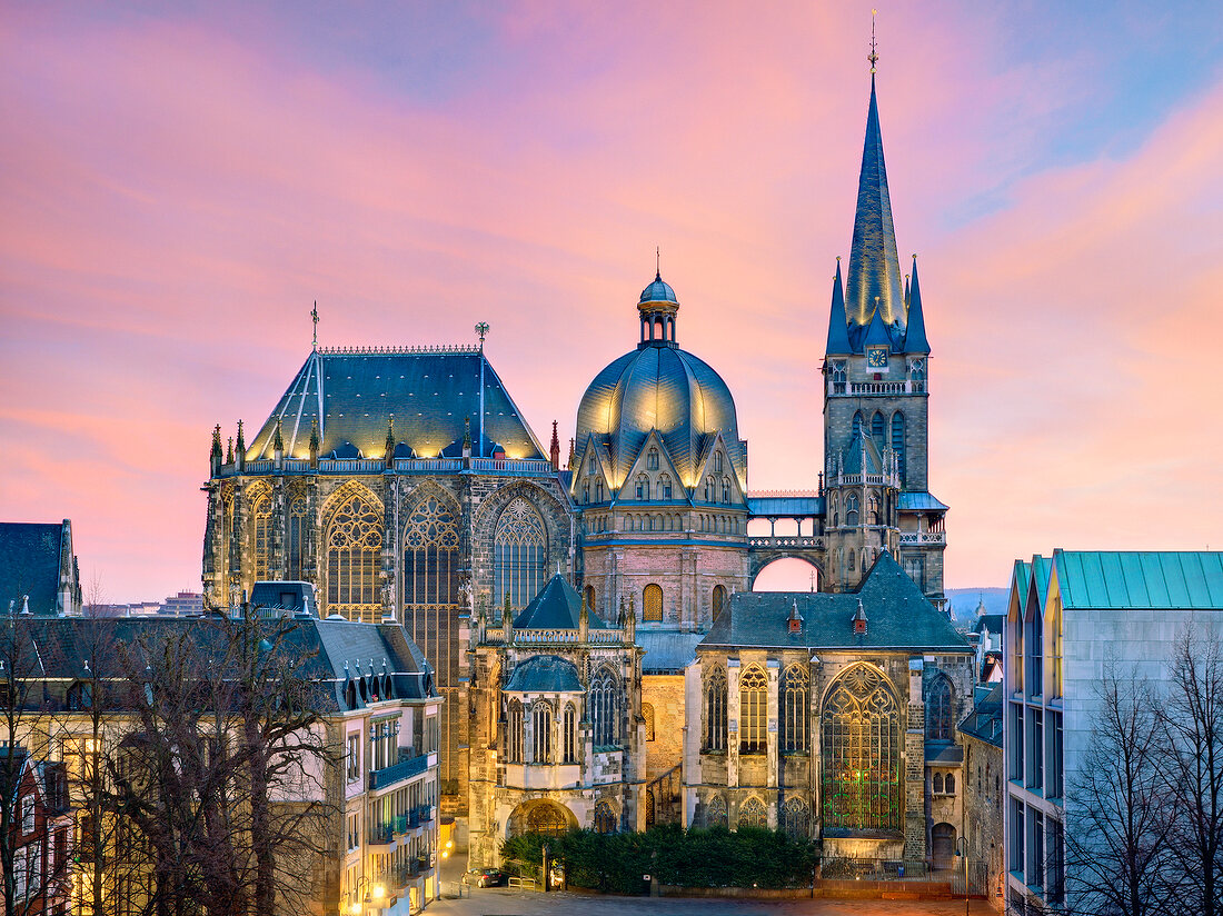 Illuminated view of Aachen Cathedral at dusk, Aachen, Germany