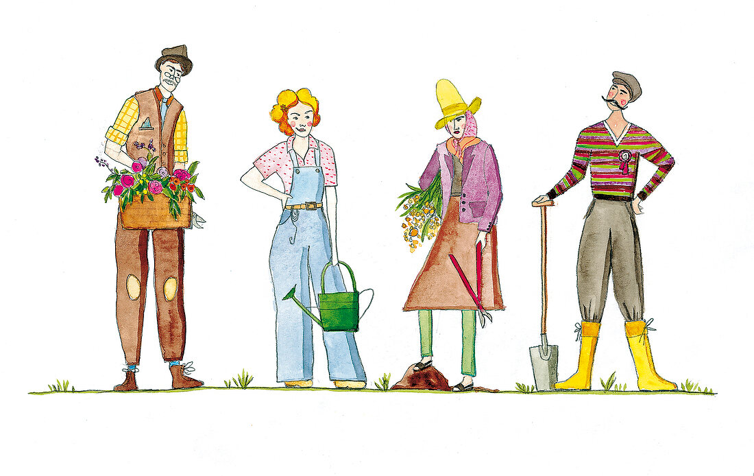 Illustration, Gärtner mit Blumen und Gartengeräten