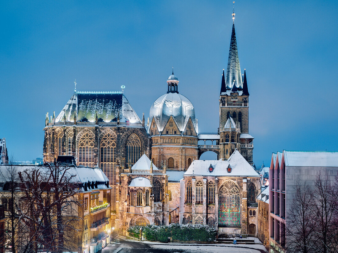 View of Gothic choir hall and St. Nicholas Chapel at winter, Aachen, Germany