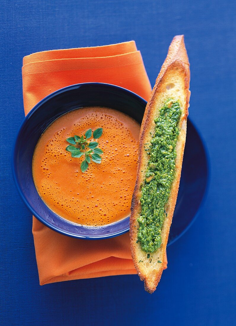 Pesto Bruschetta with peperonata soup and herb in bowl