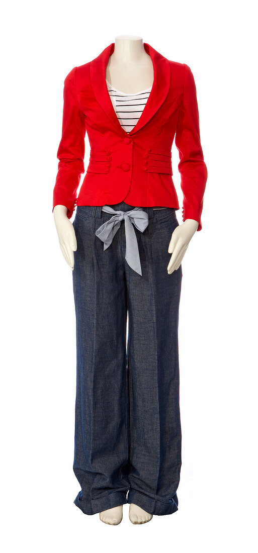 Red blazer with blue marlene trousers made of denim on white background