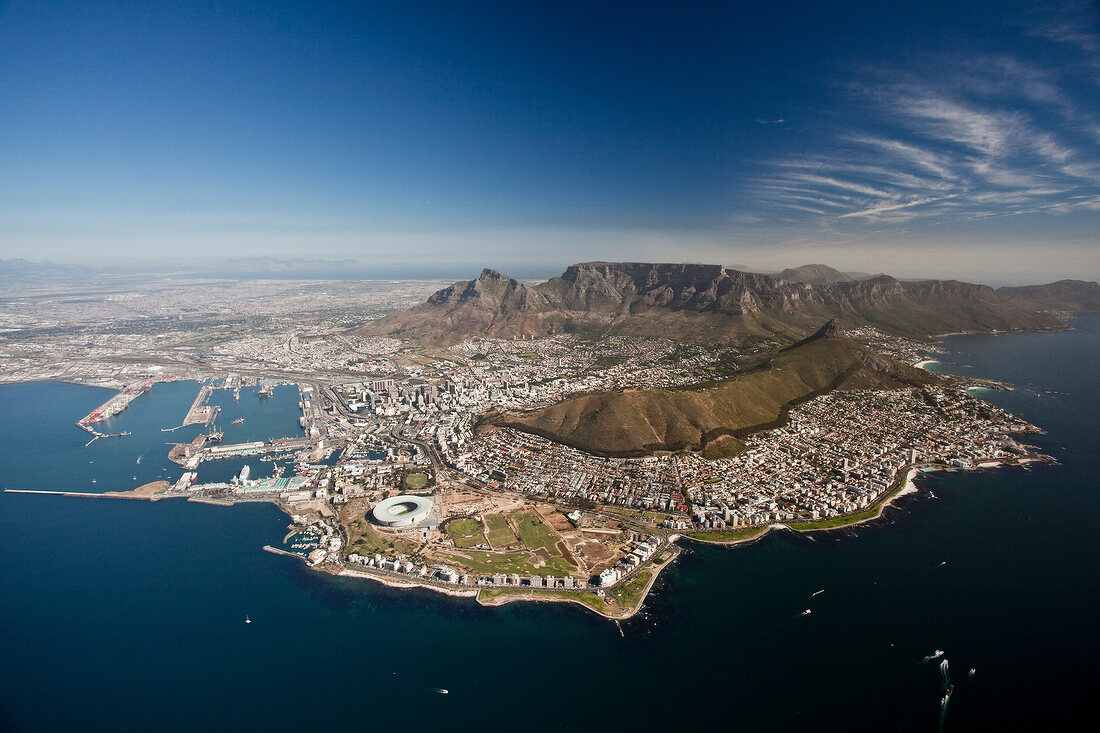 View of Cape Town with Table Mountain and Cape Town Stadium