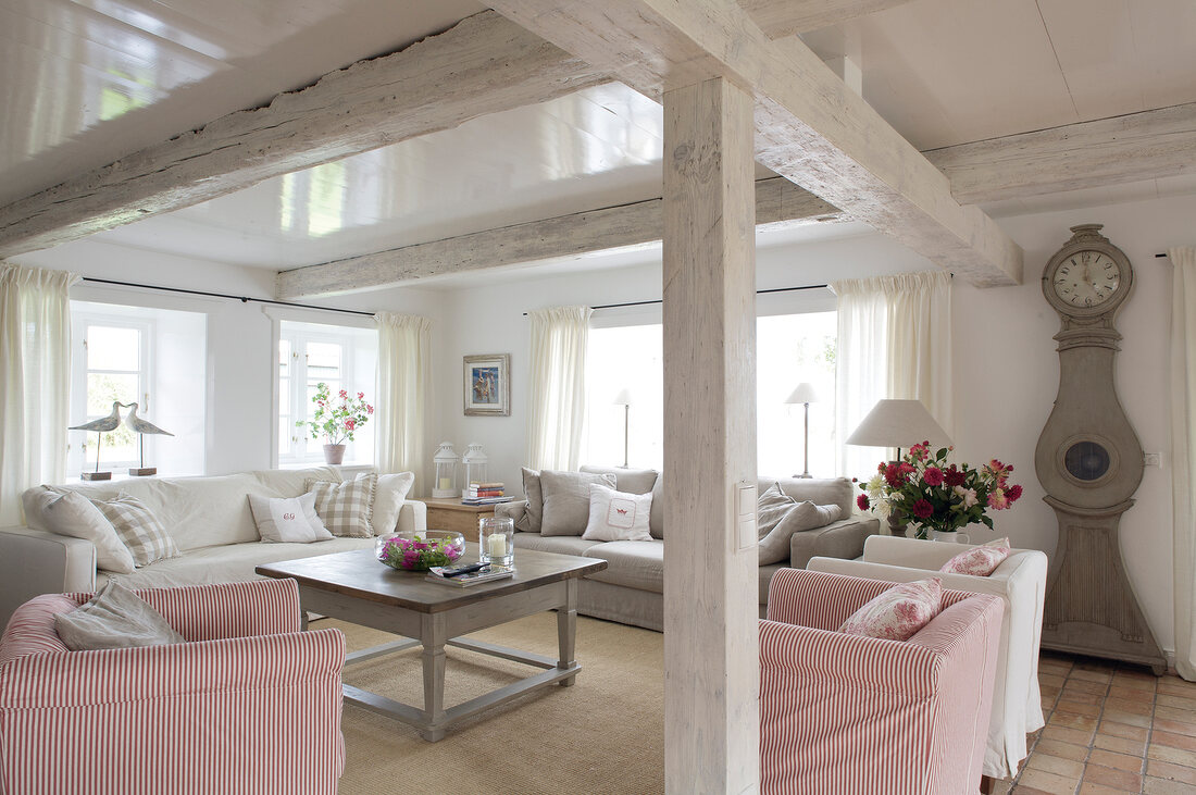 Woman sitting on sofa in living room with wood beamed ceiling and dog on carpet