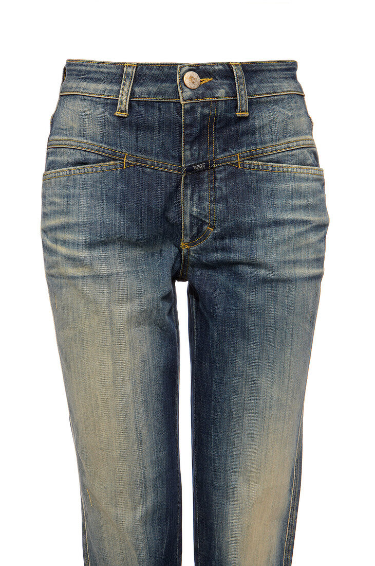Blue pedal pusher jeans on white background