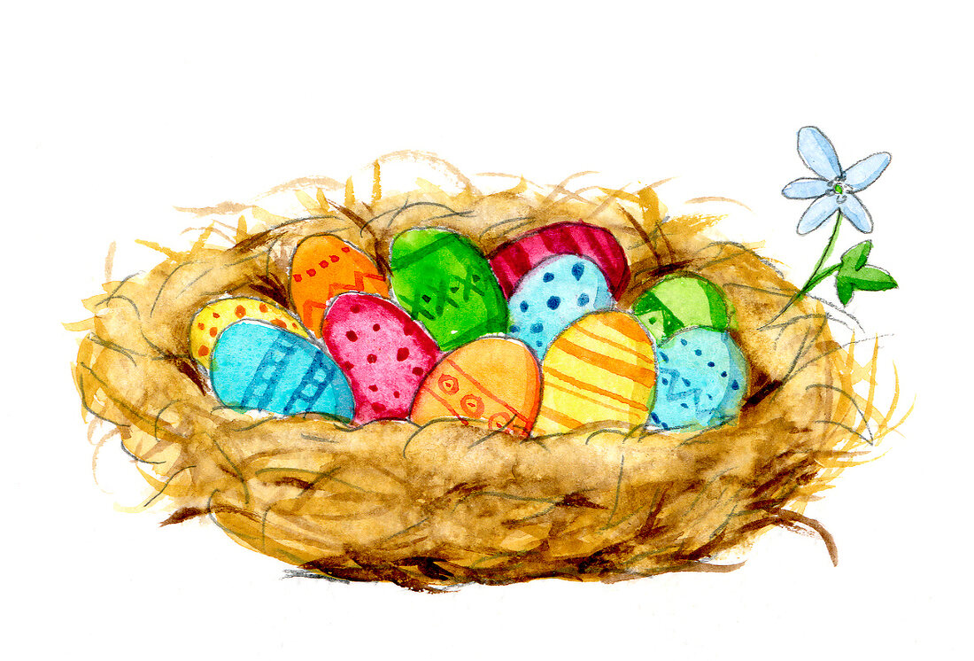 Illustration, bemalte Eier im Nest 