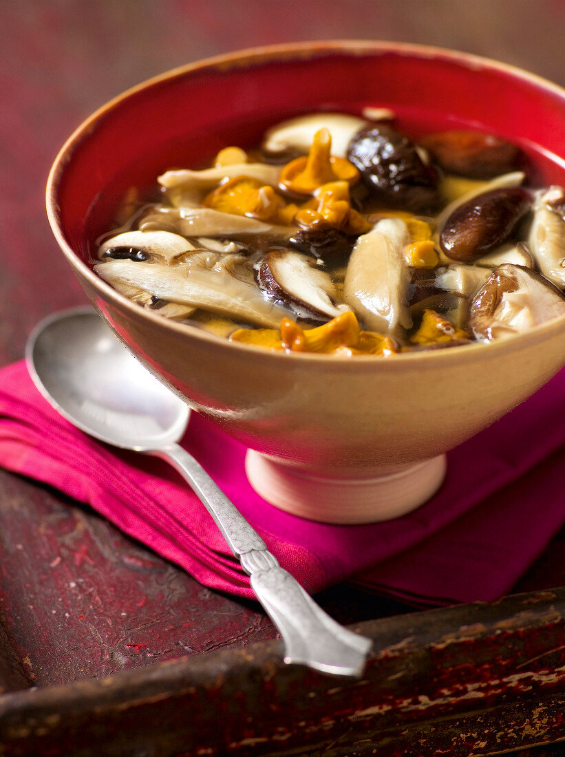 Close-up of sharp mushroom soup in bowl