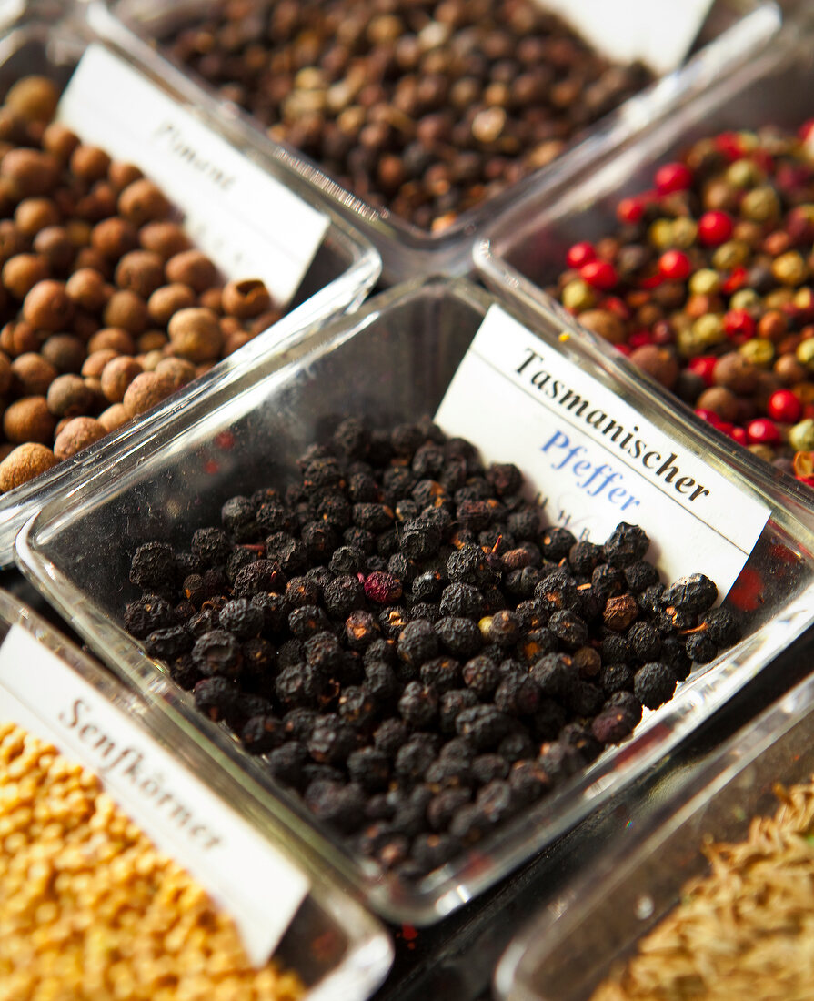 Various spices in glass bowls