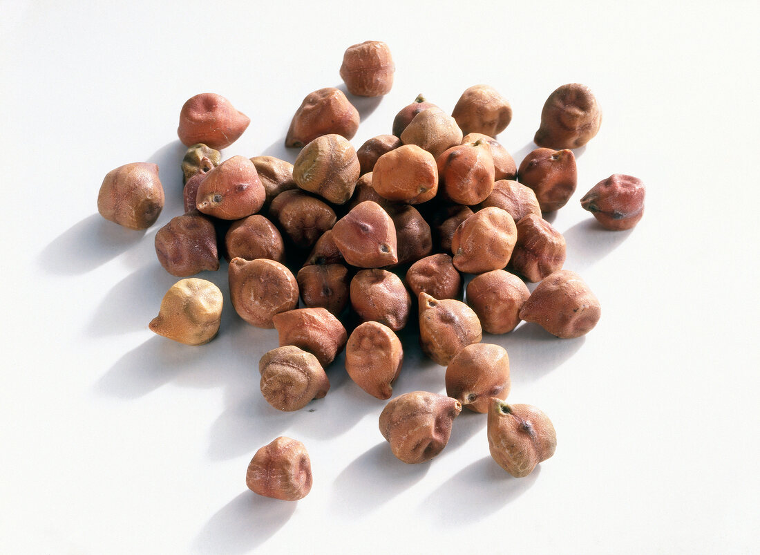 Dried brown chickpeas on white background