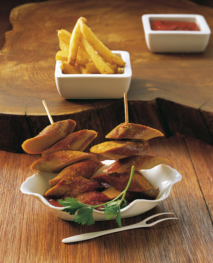 Currywurst with French fries in serving dish, Berlin