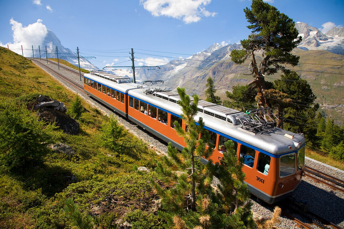 Gornergrat train in front of Matterhorn mountain in Zermatt, Valais, Switzerland