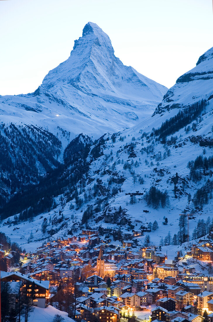 View of Zermatt town at dusk in Valais, Switzerland