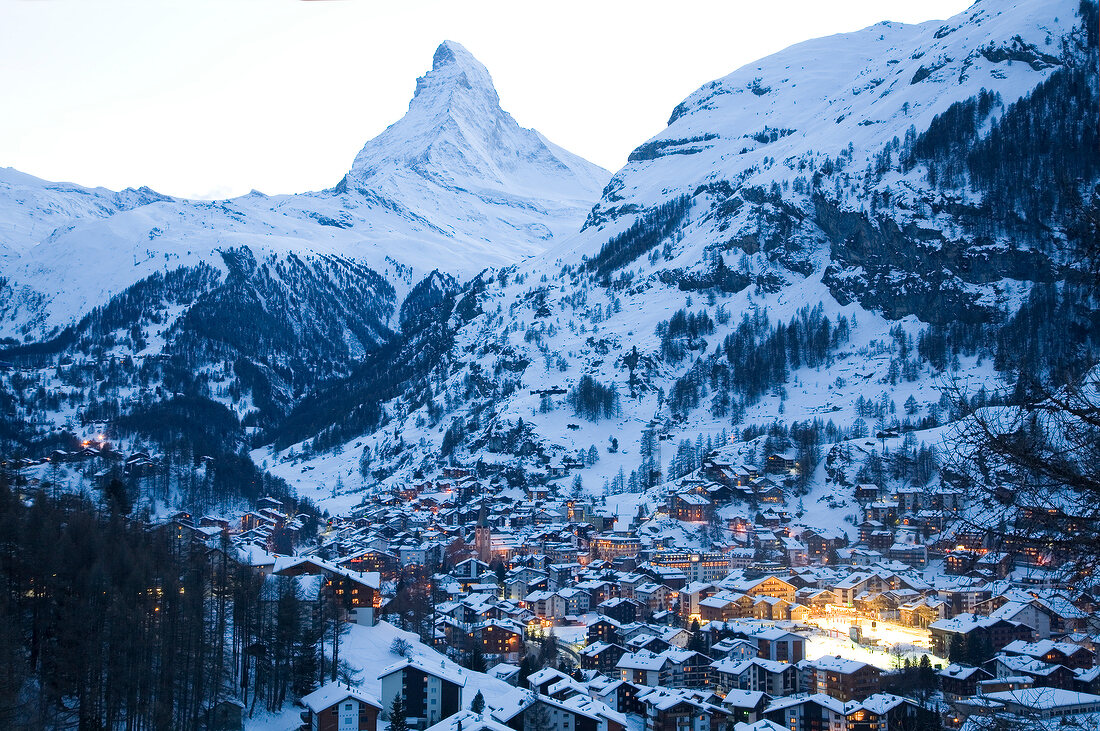 View of Zermatt town at dusk in Valais, Switzerland