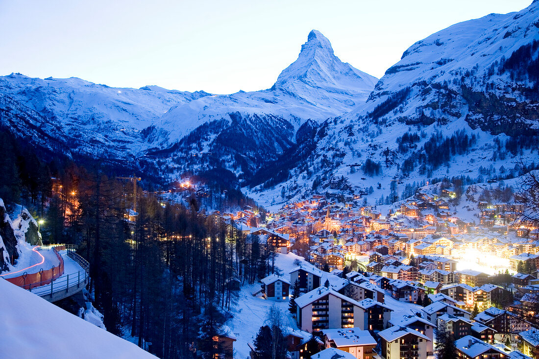 View of Zermatt town at dusk in Valais, Switzerland