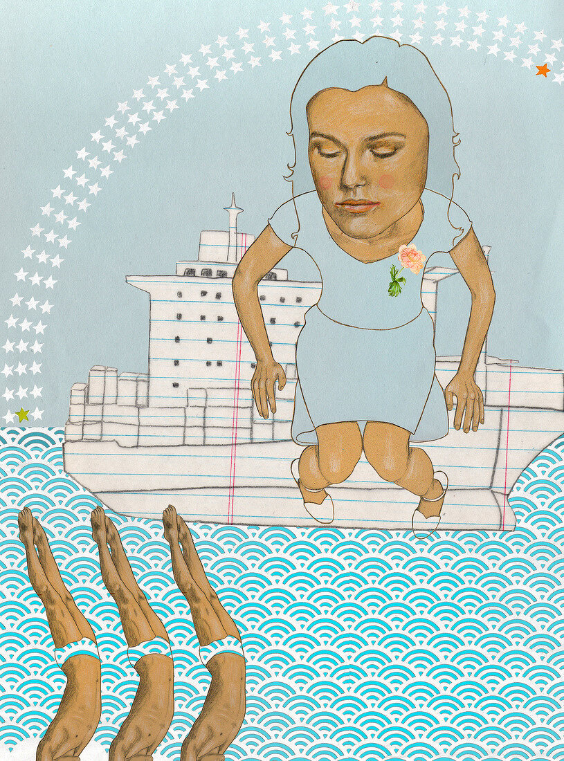 Illustration of dreamy woman sitting on ship and looking into the sea