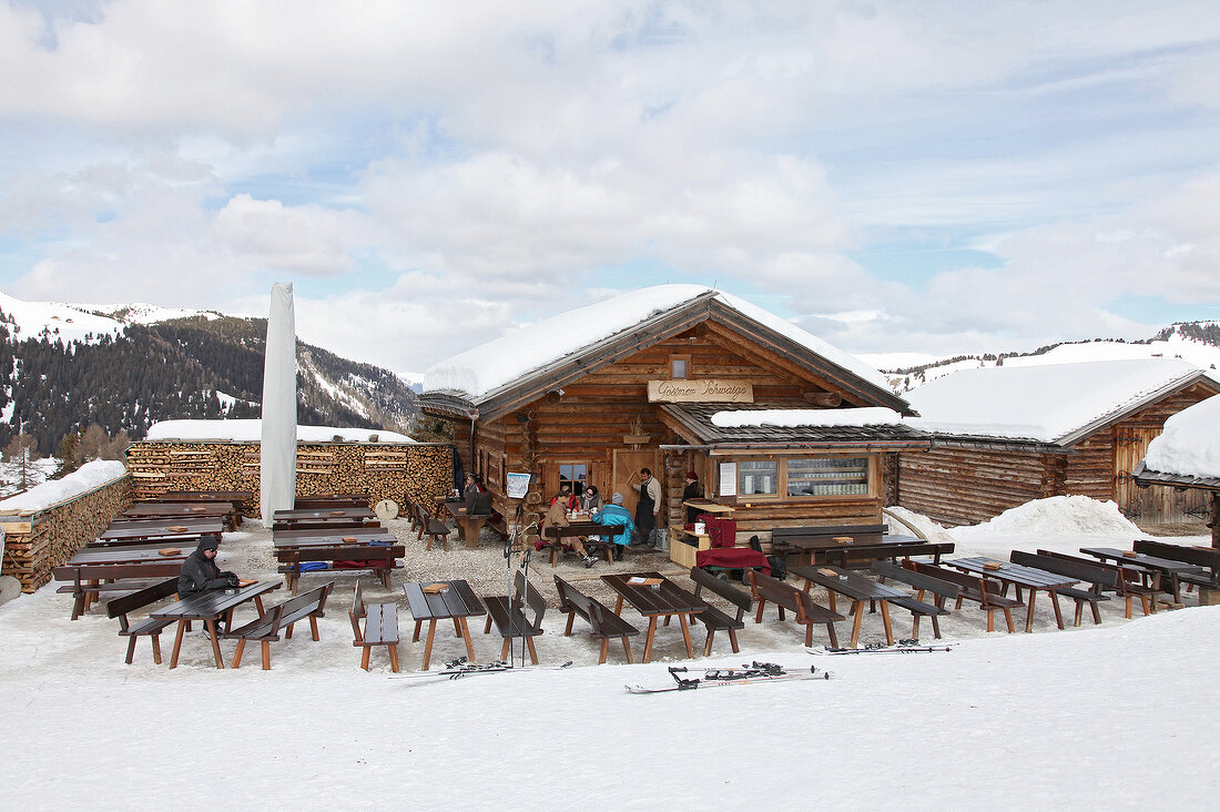 Gostner Schwaige Restaurant with terrace on Seiser Alm, South Tyrol, Italy