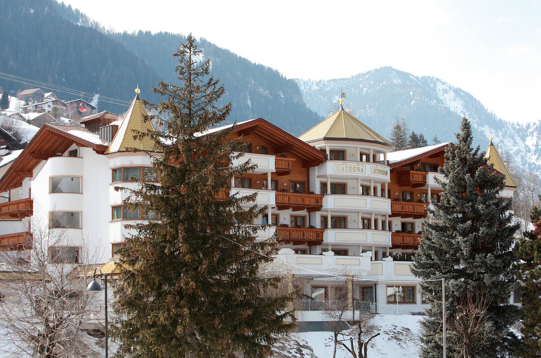 View of Hotel Gardena Grodnerhof in Ortisei, South Tyrol, Italy
