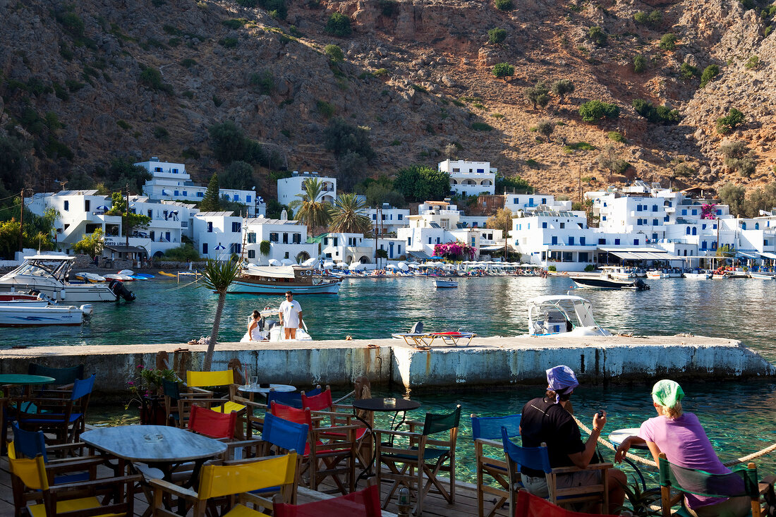 Tourists in Loutro bay in Crete, Greek