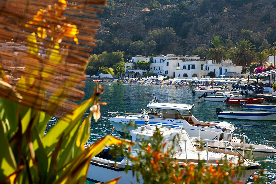 View of motorboats at bay of Loutro in Crete, Greece
