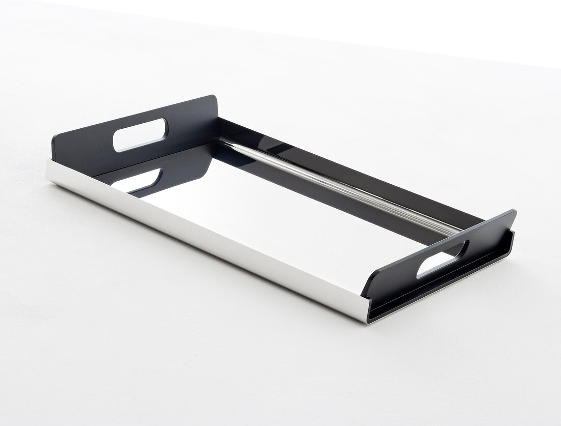 Stainless steel tray with thermoplastic resin handles on white background