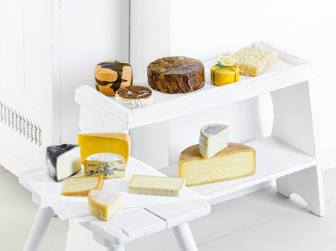Various types of cheese from South Tyrol on table