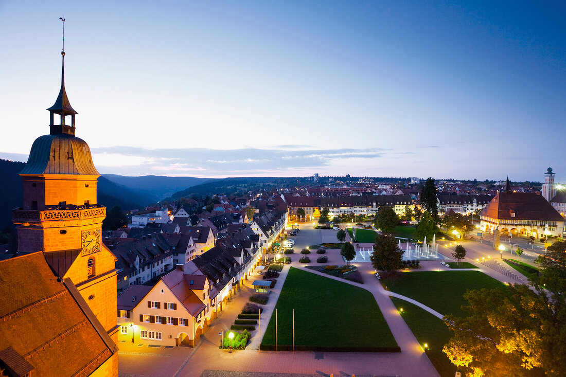 View of marketplace of Freudenstadt from rooftop at night in Black Forest, Germany