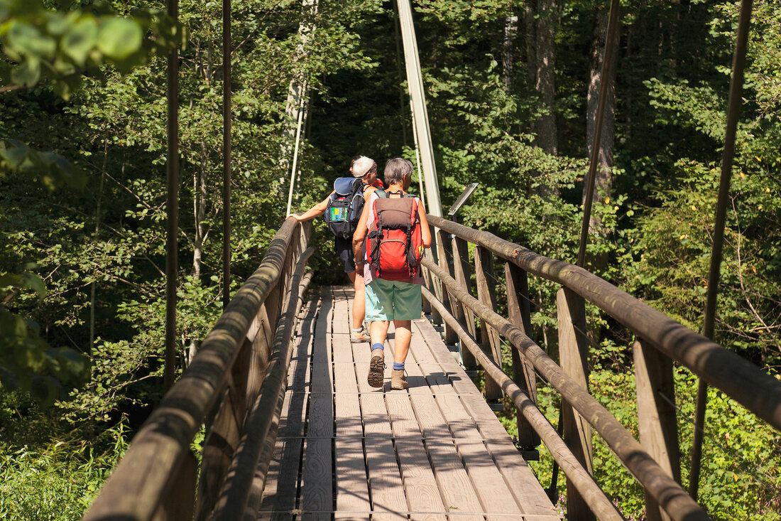 Forest hikers walking on bridge of Wutach canyon in Black Forest, Germany