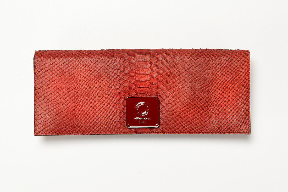 Close-up of red python pattern clutch on white background
