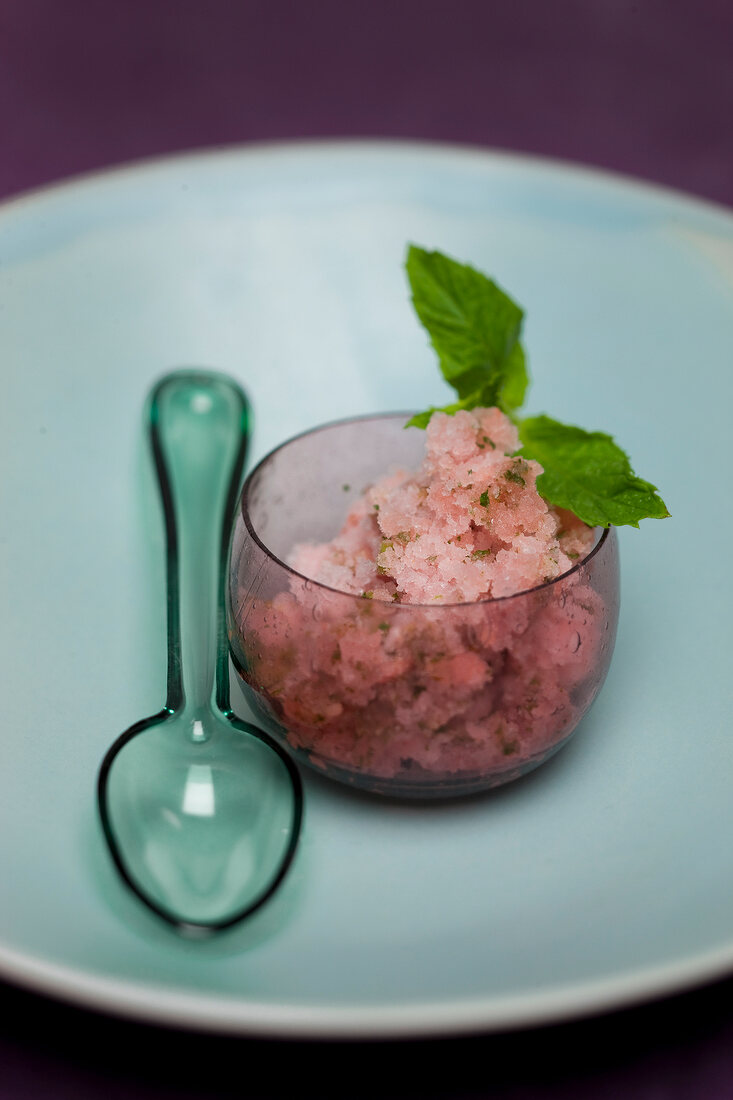 Grapefruit and mint granita in bowl