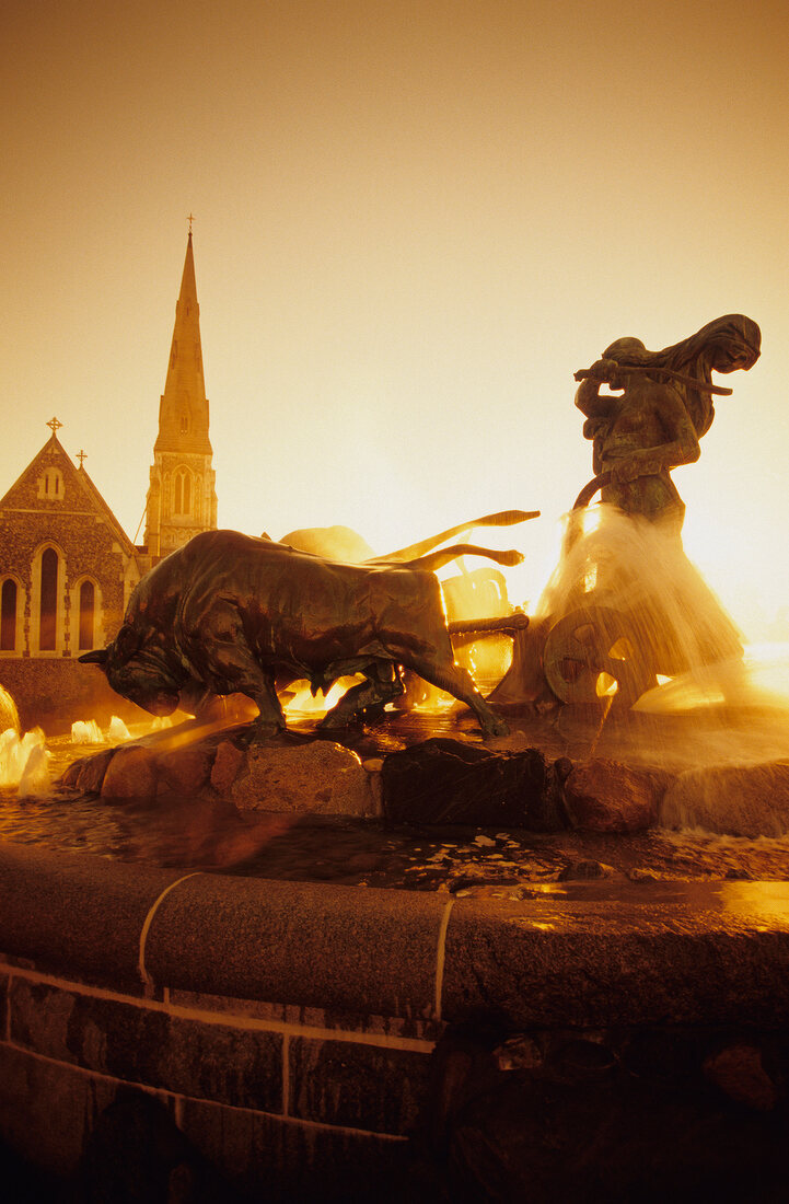 View of St Alban's church and Gefion Springvandet in Copenhagen, Denmark