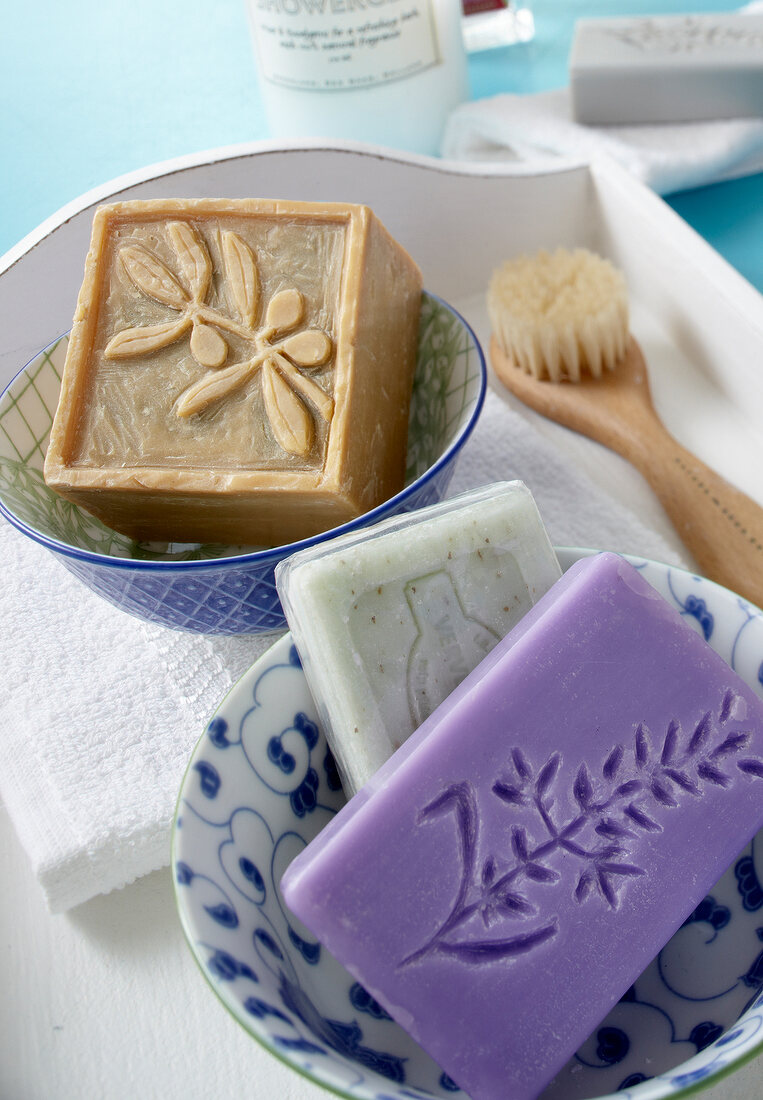 Different types of soaps with motif engraved