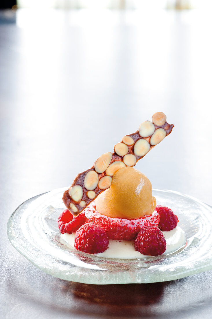 Close-up of peach melba on glass plate