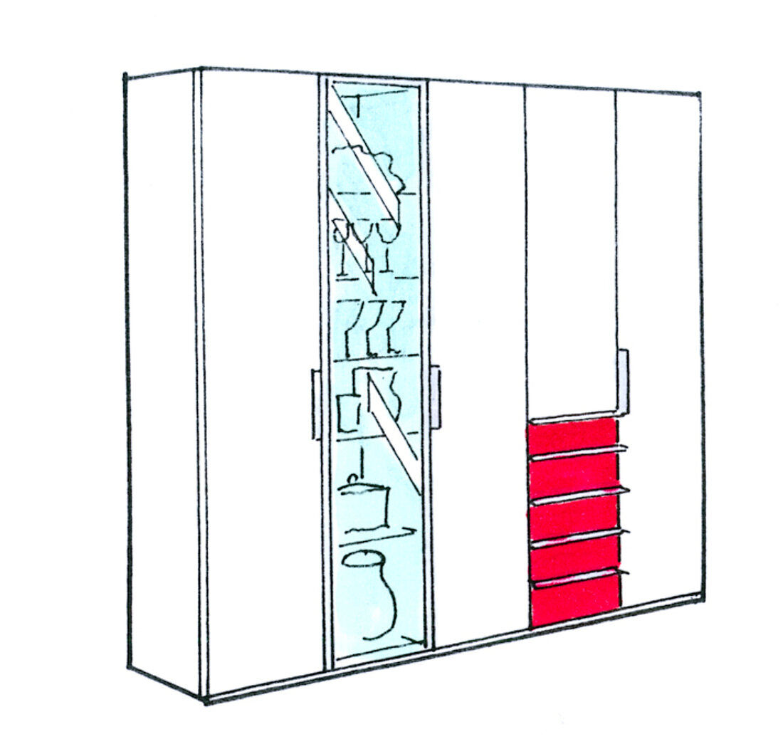 Schrankwand: Schrank mit Minigalerie und Schubladenschrank, Illustration