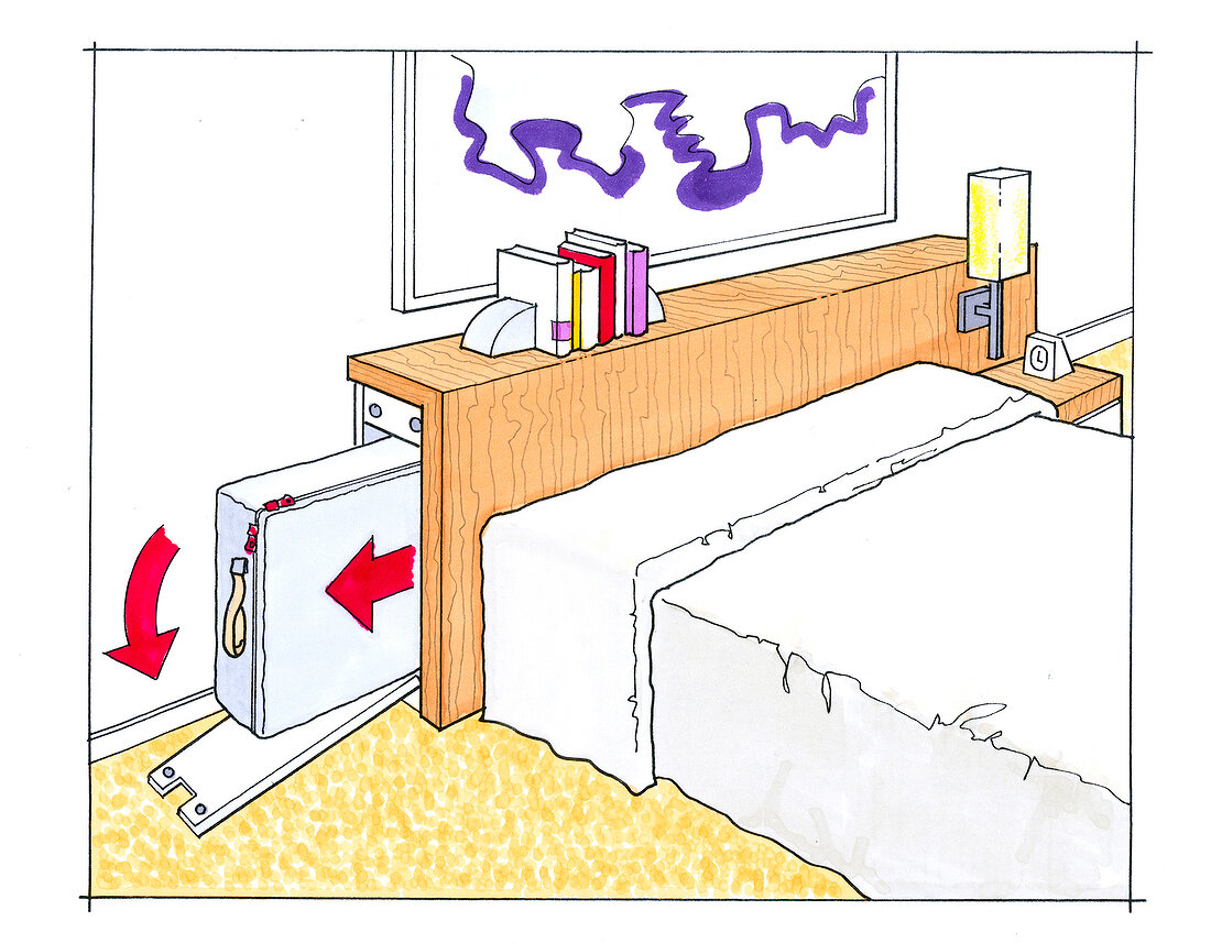 Schlafzimmer, Raumgestaltung, Idee, Stauraum im Betthaupt, Illustration