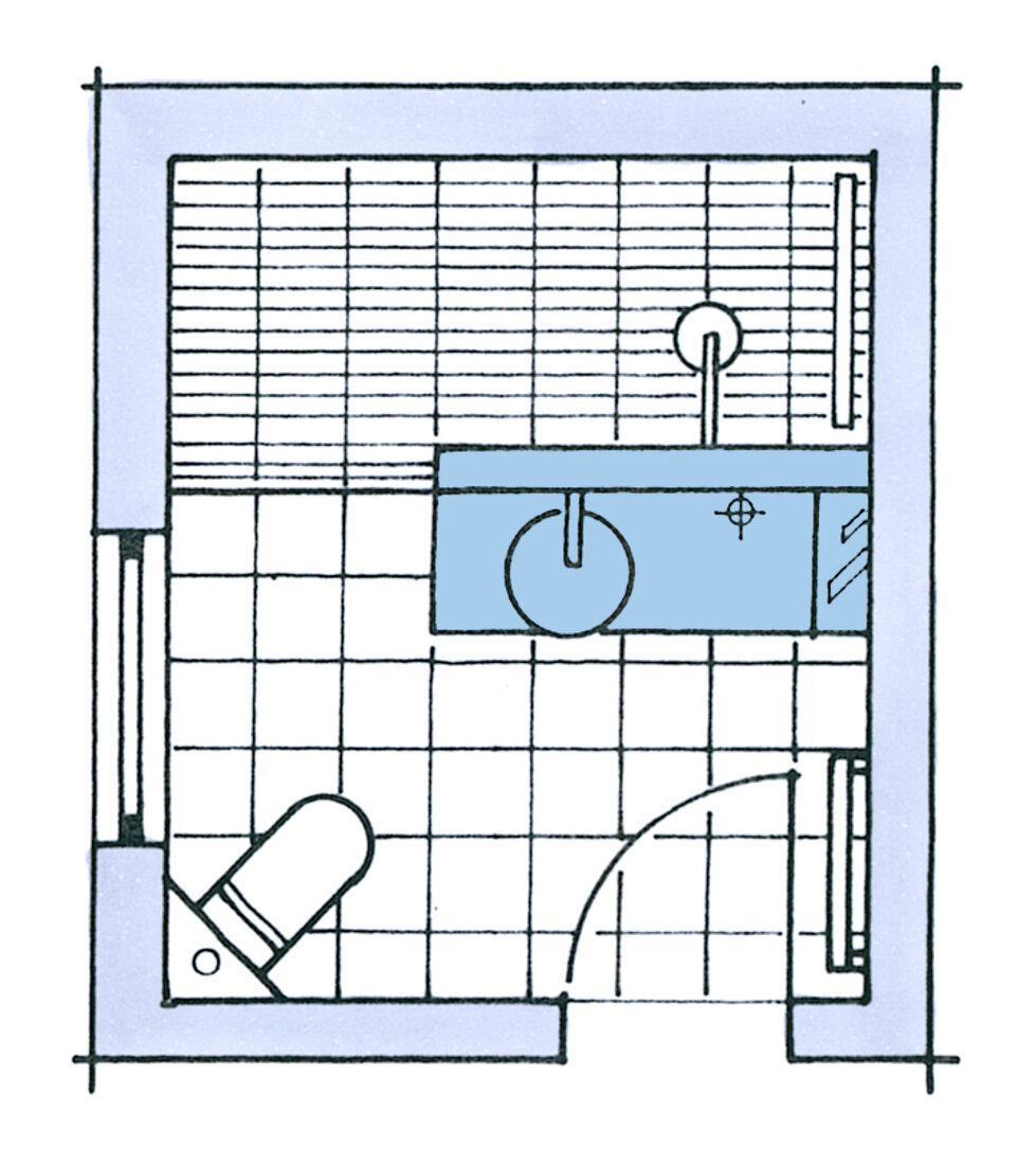 Mini-Bad, Raumgestaltung, Grundriss, WC in Dreiecksform, Illustration