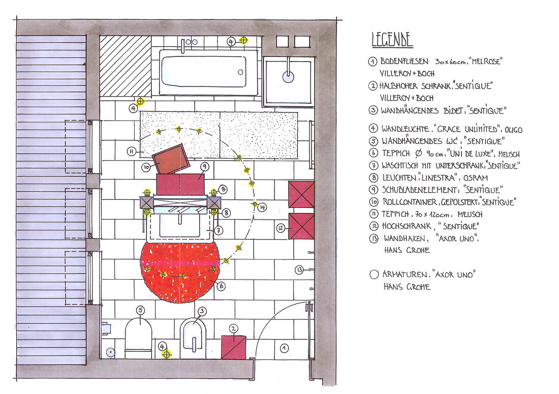 Badezimmer mit Dachschräge, Gestaltung, Grundriss, Illustration