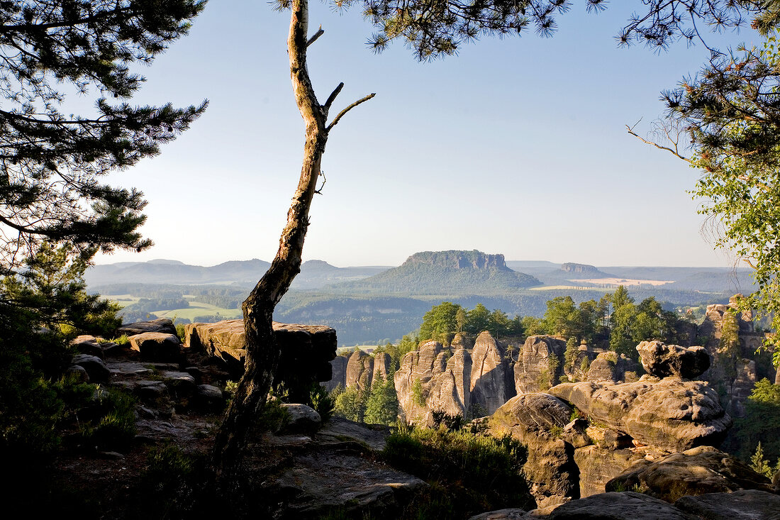 View of rocky mountains in Saxon Switzerland National Park, Saxony, Germany