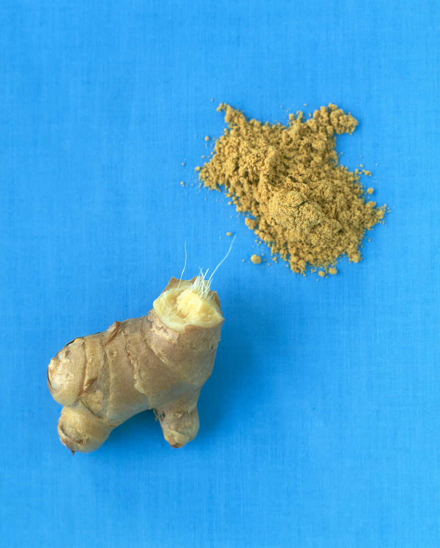Piece of ginger and ginger powder on blue background
