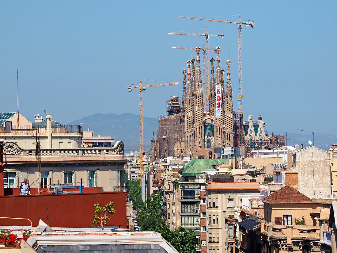 View of Sagrada Familia facade with blue sky in Barcelona, Spain