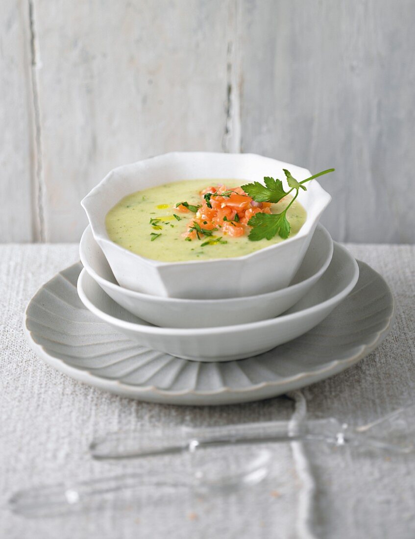 Parsley soup with salmon tatar