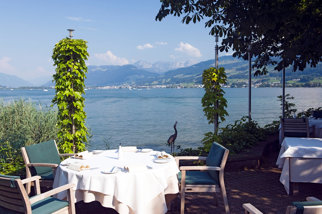 Laid table in Hurden Restaurant overlooking Lake Zurich, Switzerland
